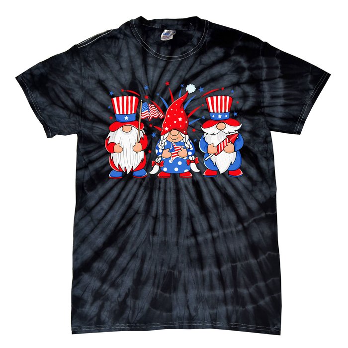 4th of July Gnomes Patriotic American Flag Cute Three Gnomes Tie-Dye T-Shirt