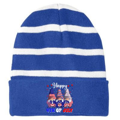 4th Of July Gnomes Happy 4th Of July Fireworks Usa Flag Gift Striped Beanie with Solid Band