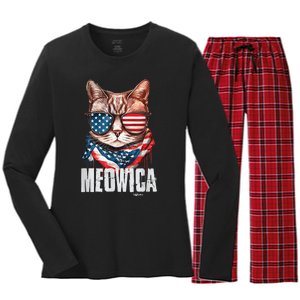 4th of July Shirt Meowica American Flag Cat Women's Long Sleeve Flannel Pajama Set 