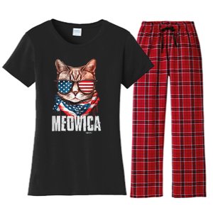 4th of July Shirt Meowica American Flag Cat Women's Flannel Pajama Set