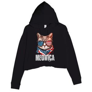 4th of July Shirt Meowica American Flag Cat Crop Fleece Hoodie