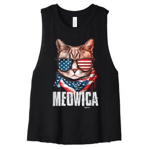 4th of July Shirt Meowica American Flag Cat Women's Racerback Cropped Tank