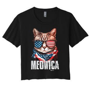 4th of July Shirt Meowica American Flag Cat Women's Crop Top Tee