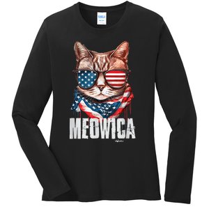 4th of July Shirt Meowica American Flag Cat Ladies Long Sleeve Shirt