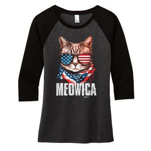 4th of July Shirt Meowica American Flag Cat Women's Tri-Blend 3/4-Sleeve Raglan Shirt