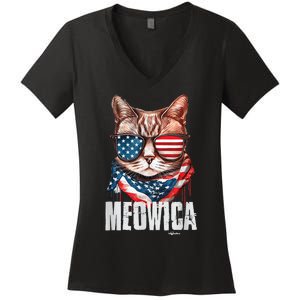 4th of July Shirt Meowica American Flag Cat Women's V-Neck T-Shirt