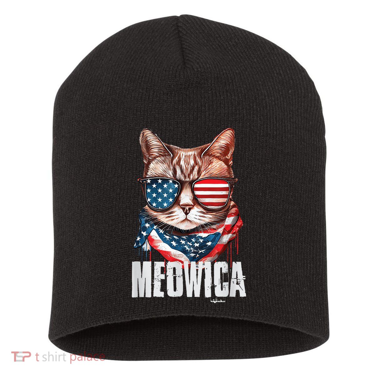 4th of July Shirt Meowica American Flag Cat Short Acrylic Beanie