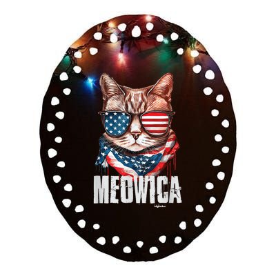 4th of July Shirt Meowica American Flag Cat Ceramic Oval Ornament