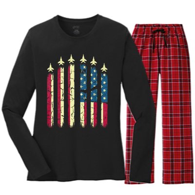 4th Of July Jet Fighter American Flag Patriotic Hero Flying Women's Long Sleeve Flannel Pajama Set 