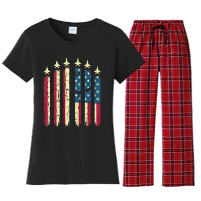 4th Of July Jet Fighter American Flag Patriotic Hero Flying Women's Flannel Pajama Set