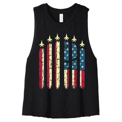 4th Of July Jet Fighter American Flag Patriotic Hero Flying Women's Racerback Cropped Tank