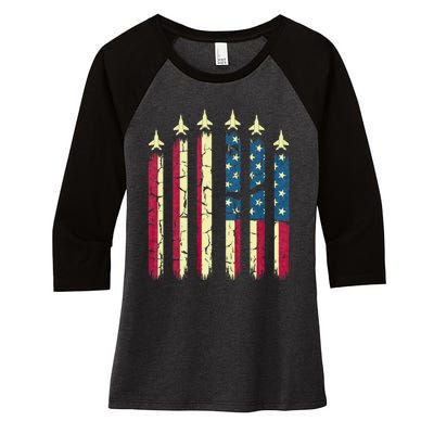 4th Of July Jet Fighter American Flag Patriotic Hero Flying Women's Tri-Blend 3/4-Sleeve Raglan Shirt