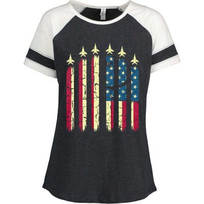 4th Of July Jet Fighter American Flag Patriotic Hero Flying Enza Ladies Jersey Colorblock Tee