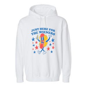 4th Of July Retro Just Here For The Wieners Funny Hot Dog Gift Garment-Dyed Fleece Hoodie