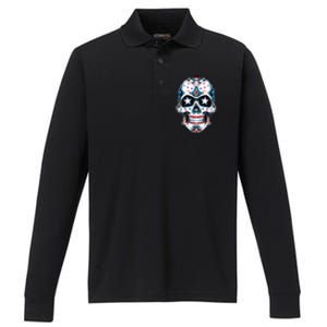 4th Of July Men Patriotic Sugar Skull USA American Flag Performance Long Sleeve Polo