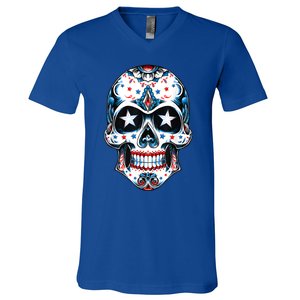 4th Of July Men Patriotic Sugar Skull USA American Flag V-Neck T-Shirt