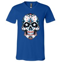 4th Of July Men Patriotic Sugar Skull USA American Flag V-Neck T-Shirt