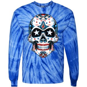 4th Of July Men Patriotic Sugar Skull USA American Flag Tie-Dye Long Sleeve Shirt