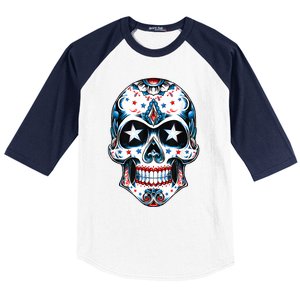 4th Of July Men Patriotic Sugar Skull USA American Flag Baseball Sleeve Shirt