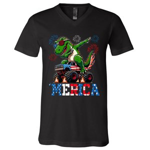 4th Of July Merica Trex Riding Monster Truck Usa V-Neck T-Shirt