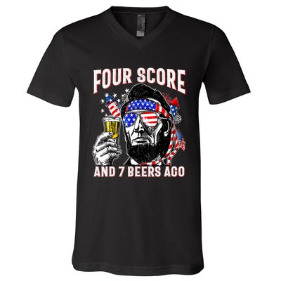 4th Of July Drinking Beer Patriot Four Score And 7 Beers Ago V-Neck T-Shirt