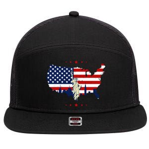 4th Of July American Flag Statue Of Liberty 7 Panel Mesh Trucker Snapback Hat