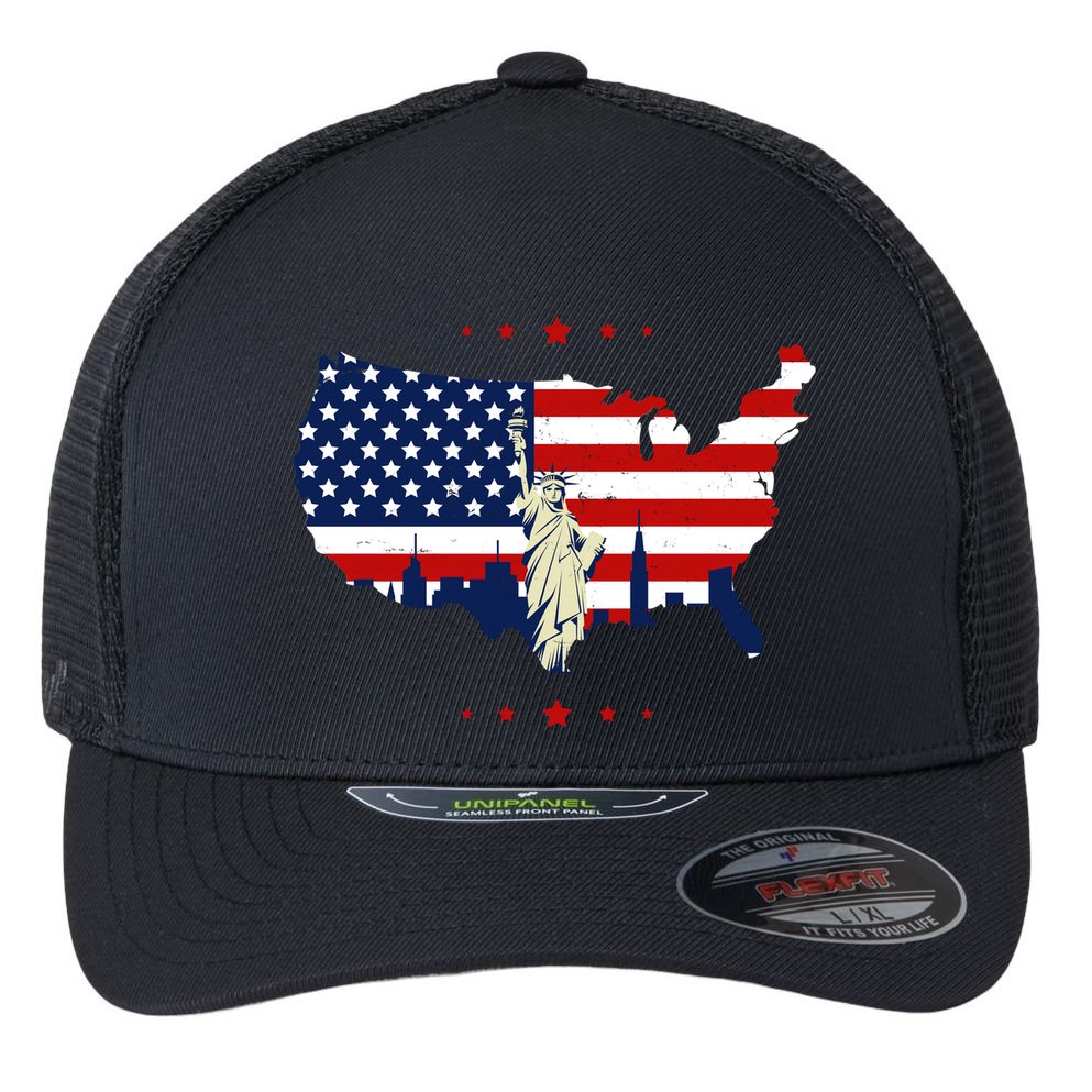 4th Of July American Flag Statue Of Liberty Flexfit Unipanel Trucker Cap
