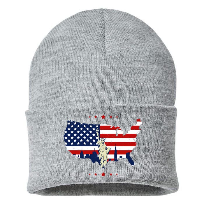 4th Of July American Flag Statue Of Liberty Sustainable Knit Beanie