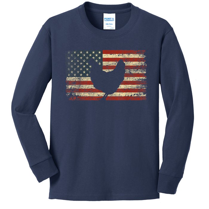 4th of July Chicken Patriotic American Flag Wo Girl Kids Long Sleeve Shirt