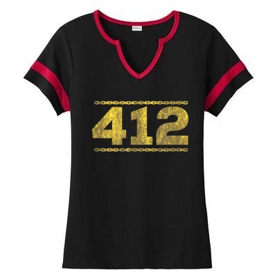 412 Pittsburgh Distressed Chain Yinzer City Retro Ladies Halftime Notch Neck Tee