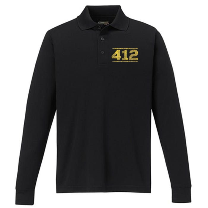 412 Pittsburgh Distressed Chain Yinzer City Retro Performance Long Sleeve Polo