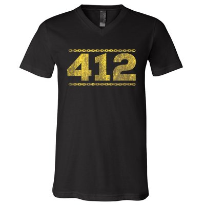 412 Pittsburgh Distressed Chain Yinzer City Retro V-Neck T-Shirt