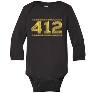 412 Pittsburgh Distressed Chain Yinzer City Retro Baby Long Sleeve Bodysuit