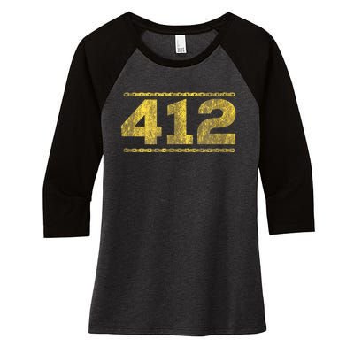 412 Pittsburgh Distressed Chain Yinzer City Retro Women's Tri-Blend 3/4-Sleeve Raglan Shirt