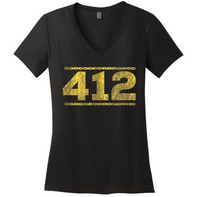 412 Pittsburgh Distressed Chain Yinzer City Retro Women's V-Neck T-Shirt