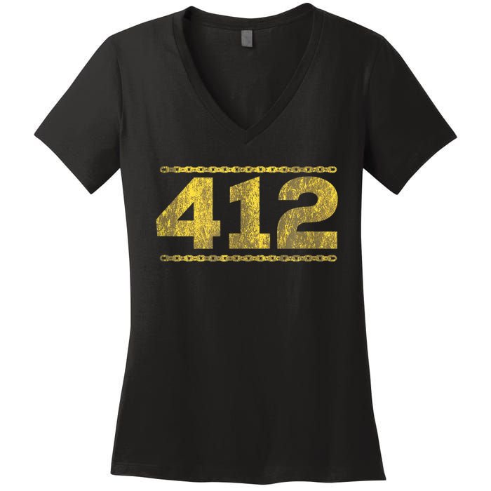 412 Pittsburgh Distressed Chain Yinzer City Retro Women's V-Neck T-Shirt