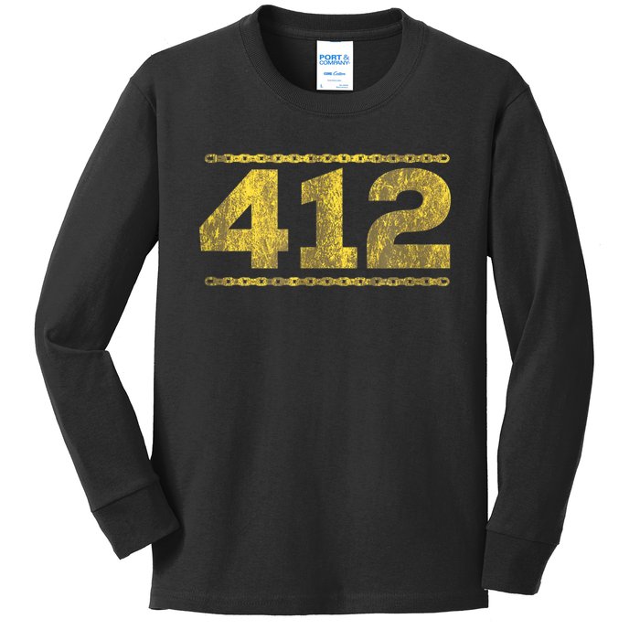 412 Pittsburgh Distressed Chain Yinzer City Retro Kids Long Sleeve Shirt