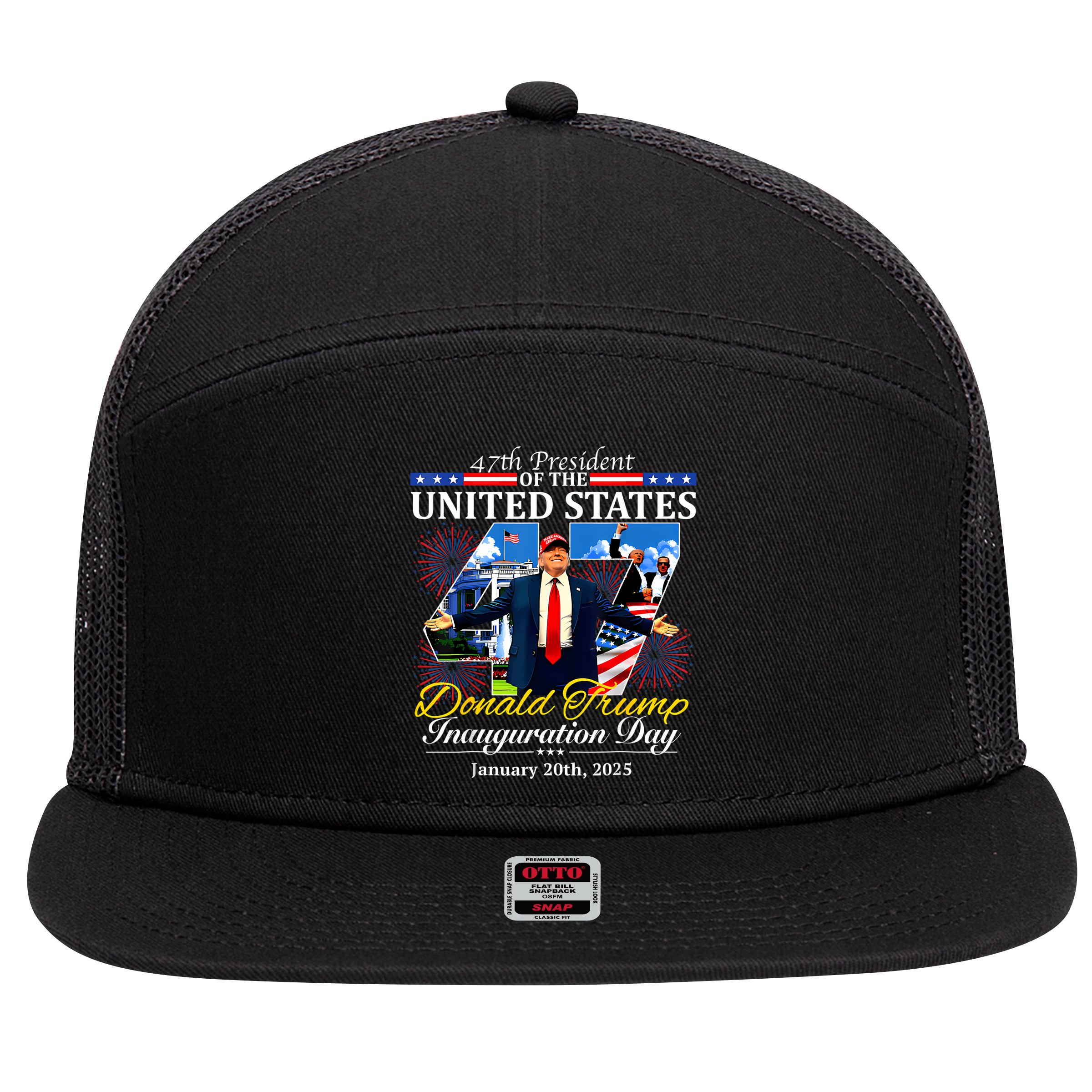 47 President Donald Trump Inauguration Day 2025 7 Panel Mesh Trucker Snapback Hat