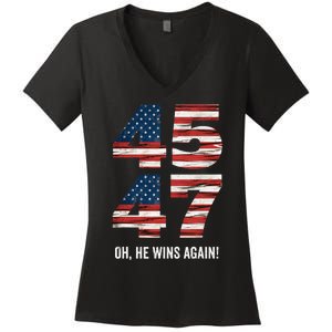 47th President Trump 47 Wins 2024 Oh He Wins Again Women's V-Neck T-Shirt