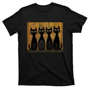 4 Retro Inspired Black Cats Against A Cool Wavy Pattern T-Shirt