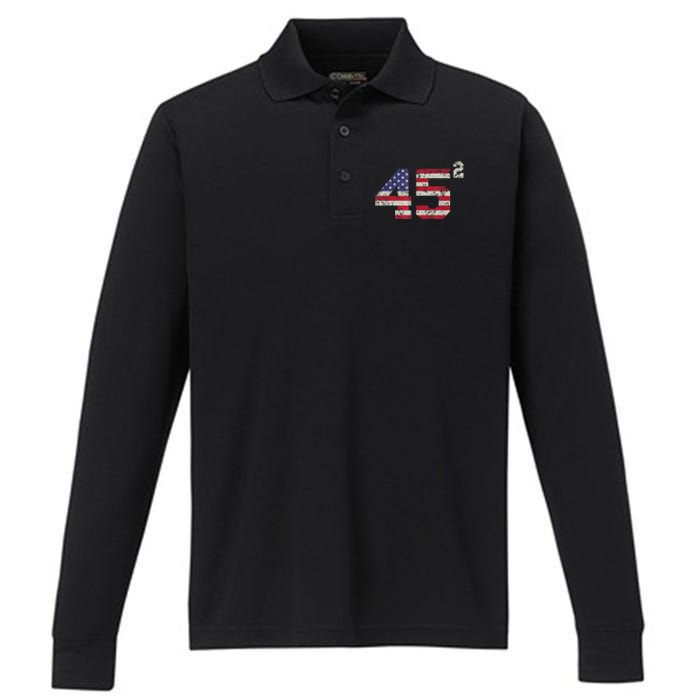 45 Squared Trump 2024 Second Term USA Vintage Pro American Performance Long Sleeve Polo