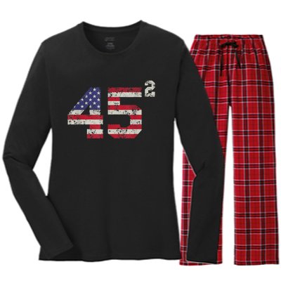 45 Squared Trump 2024 Second Term USA Vintage Pro American Women's Long Sleeve Flannel Pajama Set 