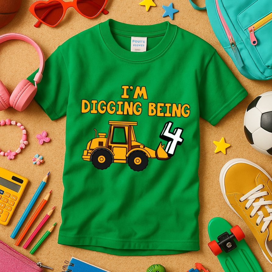 4th Birthday I'm Digging Being Four Kids T-Shirt