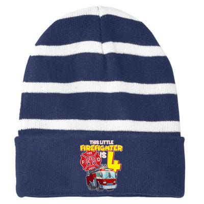 4th Birthday This Little Firefighter Is Four Striped Beanie with Solid Band