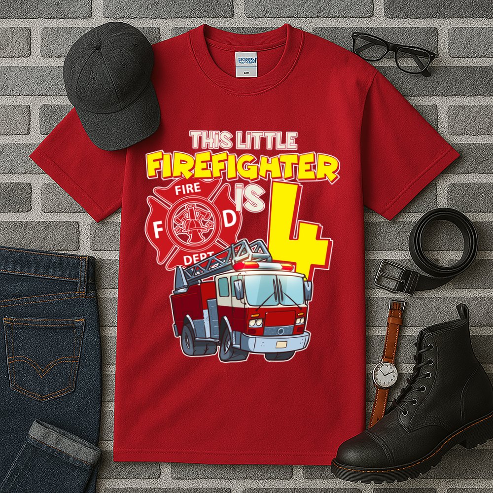 4th Birthday This Little Firefighter Is Four Tall T-Shirt