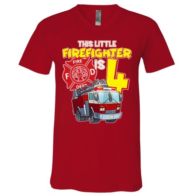 4th Birthday This Little Firefighter Is Four V-Neck T-Shirt