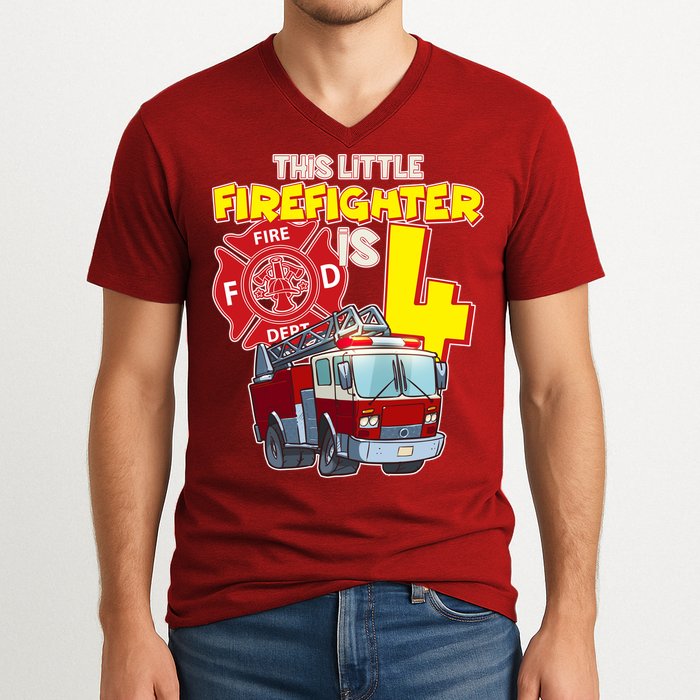 4th Birthday This Little Firefighter Is Four V-Neck T-Shirt