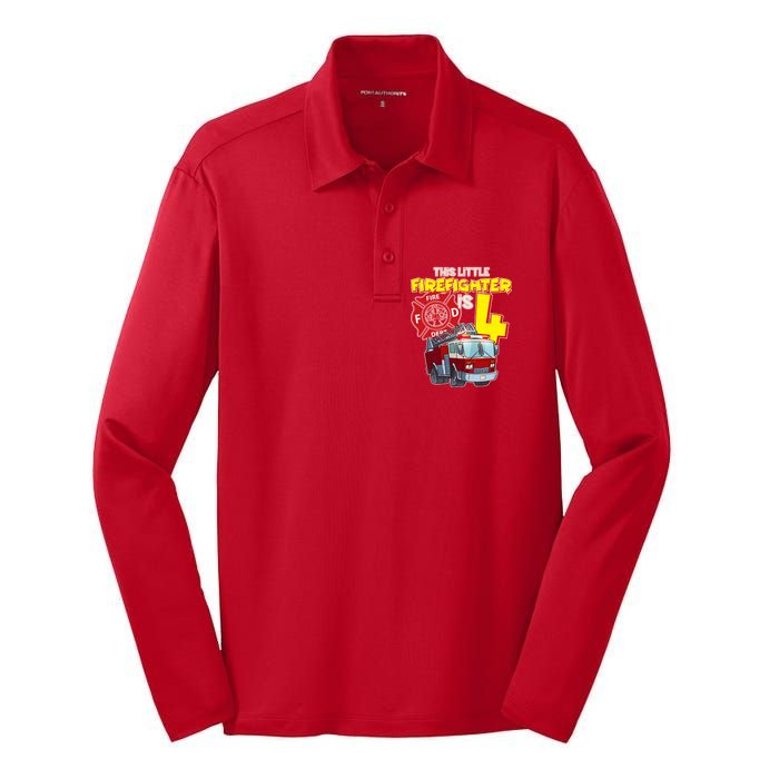 4th Birthday This Little Firefighter Is Four Silk Touch Performance Long Sleeve Polo