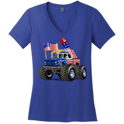 4th Of July Firecracker Monster Truck Women's V-Neck T-Shirt