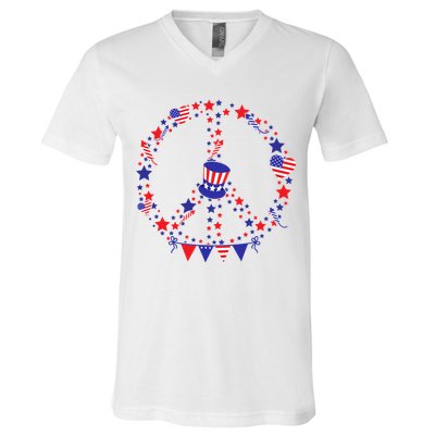 4th Of July Patriotic Peace Sign V-Neck T-Shirt